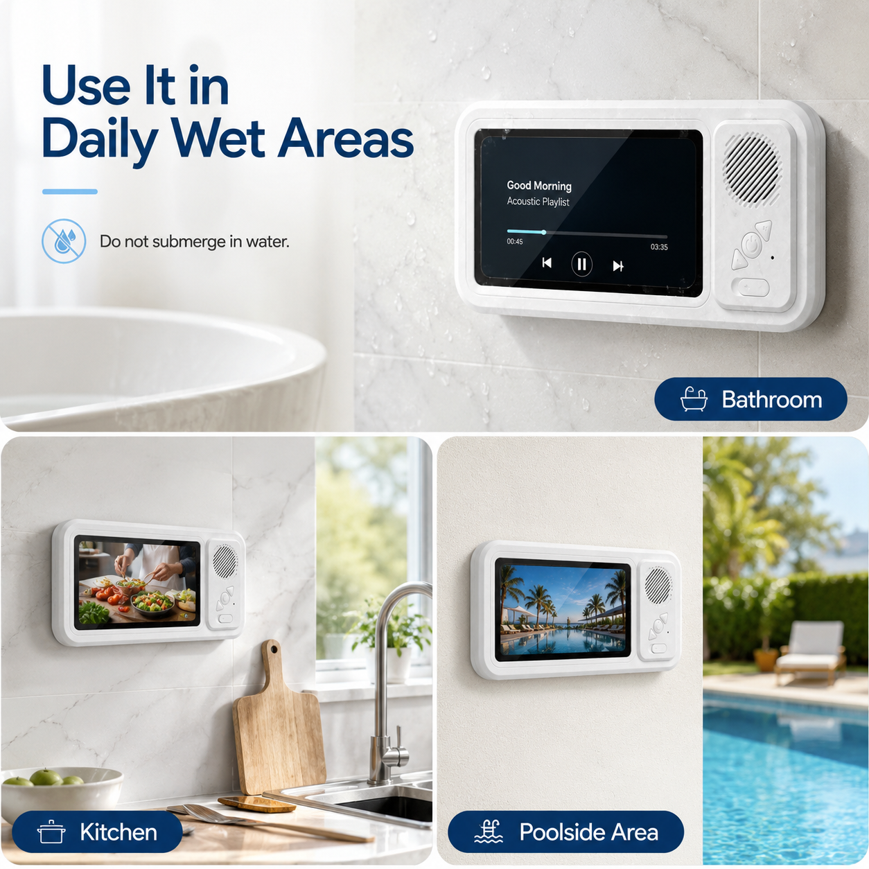 CreWear Waterproof Shower Phone Holder with Bluetooth Speaker, Bathroom Wall Mount Phone Case, IPX5 Clear Touch Window, Fits Phones Under 7 in, White
