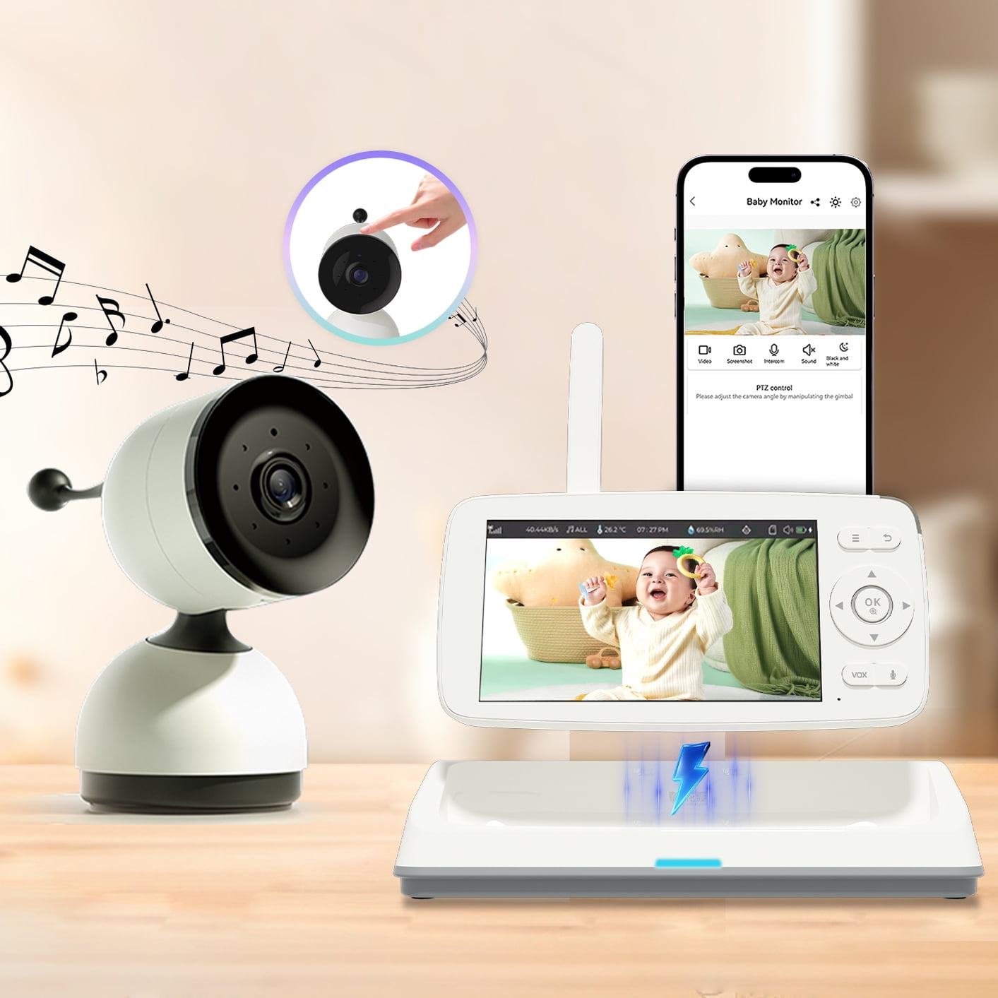 CreWear Wireless Indoor Camera with 5'' Portable Monitor, 1080P HD No-Glow Night Vision, Two-Way Audio, Smart Motion Alerts, Long Battery Life, Secure Cloud Storage Support