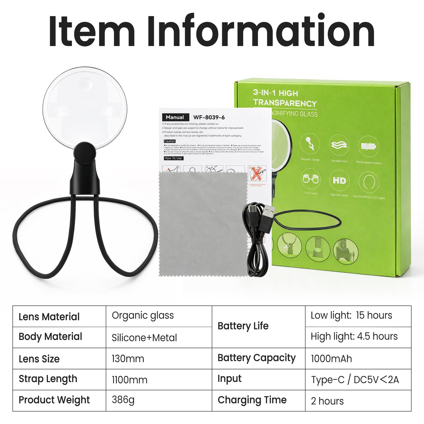 Hands Free Magnifying Glass with Light for Close Work, Reading, Sewing, Knitting, Magnifier for Seniors & Low Vision
