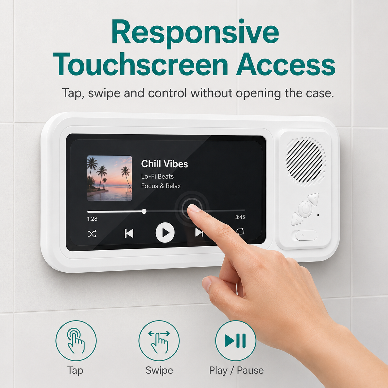 CreWear Waterproof Shower Phone Holder with Bluetooth Speaker, Bathroom Wall Mount Phone Case, IPX5 Clear Touch Window, Fits Phones Under 7 in, White