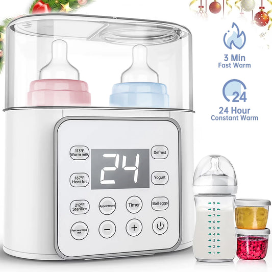 CreWear Baby Bottle Warmer, 9-in-1 Portable Bottle Warmer with LCD Display, Double Bottles Fast Milk Warmer, White