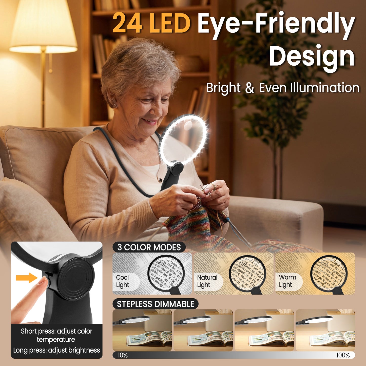 Hands Free Magnifying Glass with Light for Close Work, Reading, Sewing, Knitting, Magnifier for Seniors & Low Vision