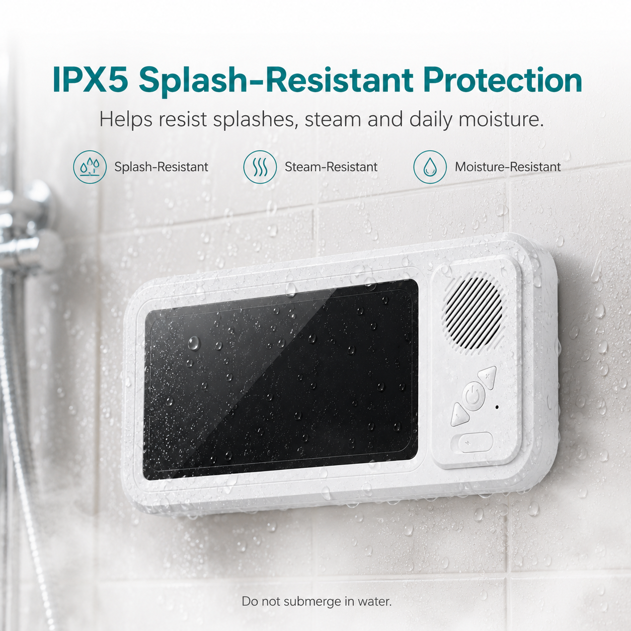 CreWear Waterproof Shower Phone Holder with Bluetooth Speaker, Bathroom Wall Mount Phone Case, IPX5 Clear Touch Window, Fits Phones Under 7 in, White