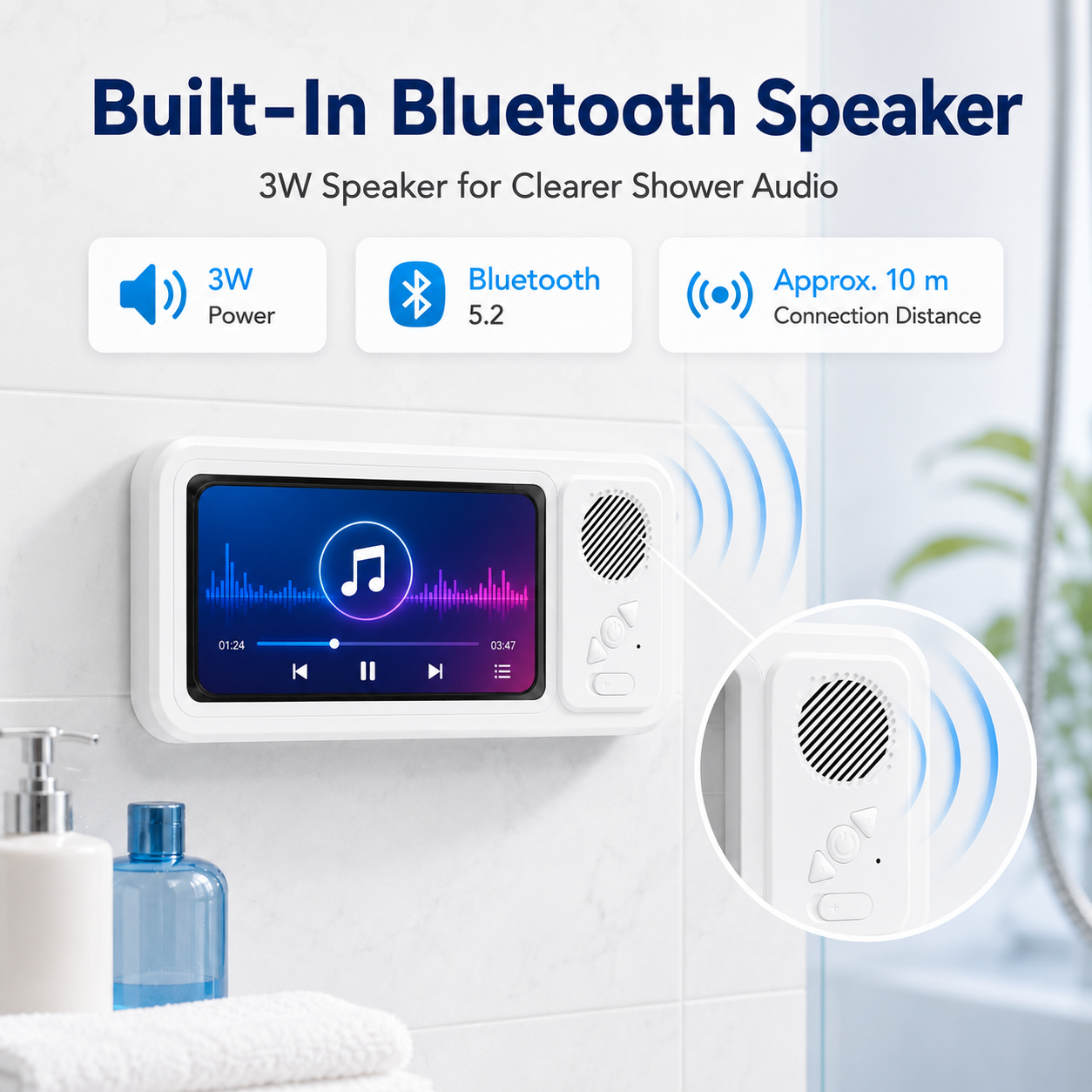 CreWear Shower Phone Holder with Speaker, Bluetooth 5.2 Waterproof Bathroom Phone Stand, White