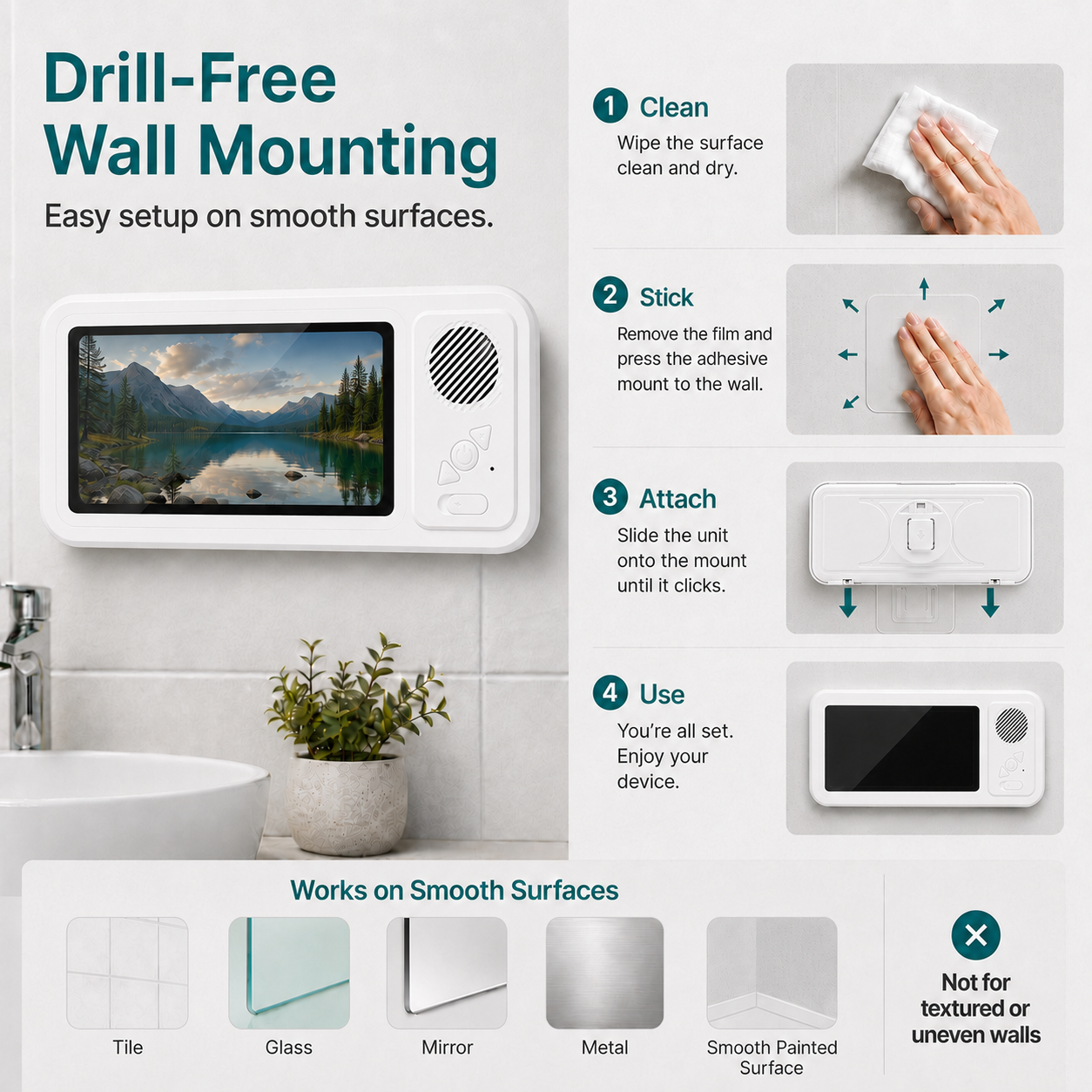 CreWear Waterproof Shower Phone Holder with Bluetooth Speaker, Bathroom Wall Mount Phone Case, IPX5 Clear Touch Window, Fits Phones Under 7 in, White