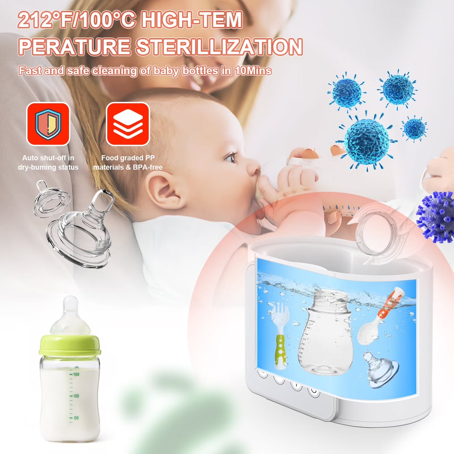 CreWear Baby Bottle Warmer, 9-in-1 Portable Bottle Warmer with LCD Display, Double Bottles Fast Milk Warmer, White