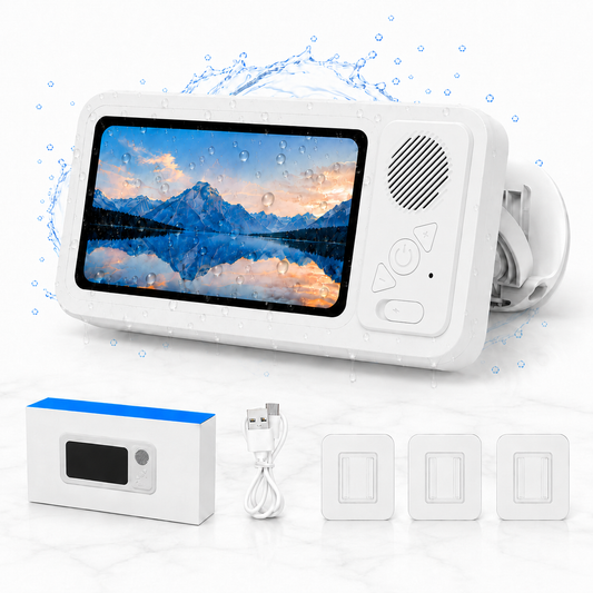 CreWear Waterproof Shower Phone Holder with Bluetooth Speaker, Bathroom Wall Mount Phone Case, IPX5 Clear Touch Window, Fits Phones Under 7 in, White