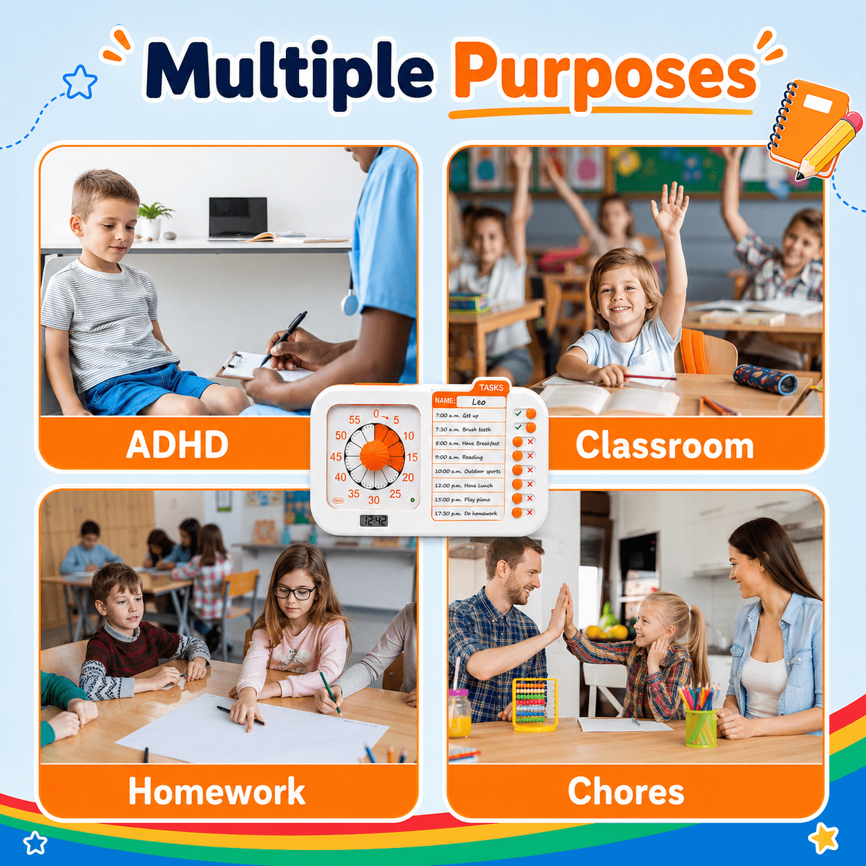 3-in-1 Task Timer, Visual Timer for Kids, ADHD Timer with Planing Board for Students and Adults, Dry Erase Board ＆ Daily Chore Chart for Home,School,Classroom, ADHD, Autism Time Management Tool