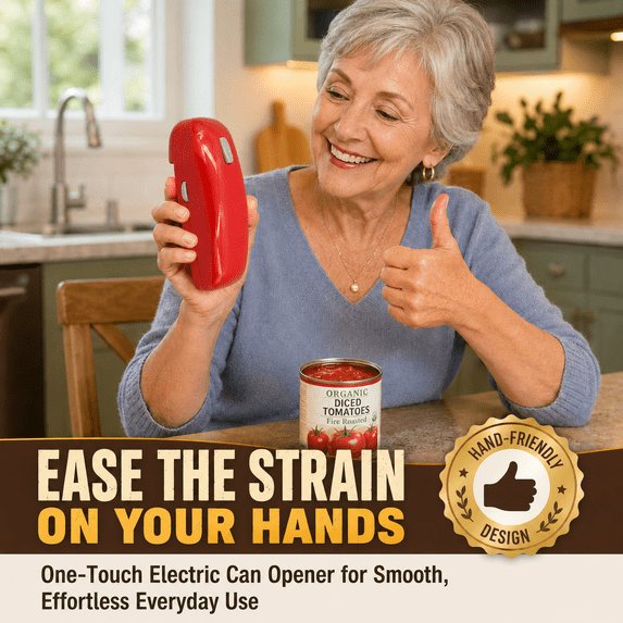 Electric Can Opener, Hands-Free, Smooth Edge, Battery Powered for All Round Cans, Red