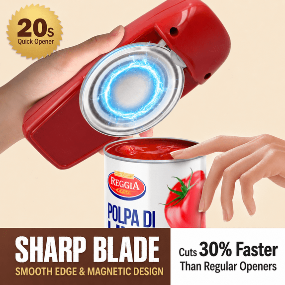 Electric Can Opener, Hands-Free, Smooth Edge, Battery Powered for All Round Cans, Red