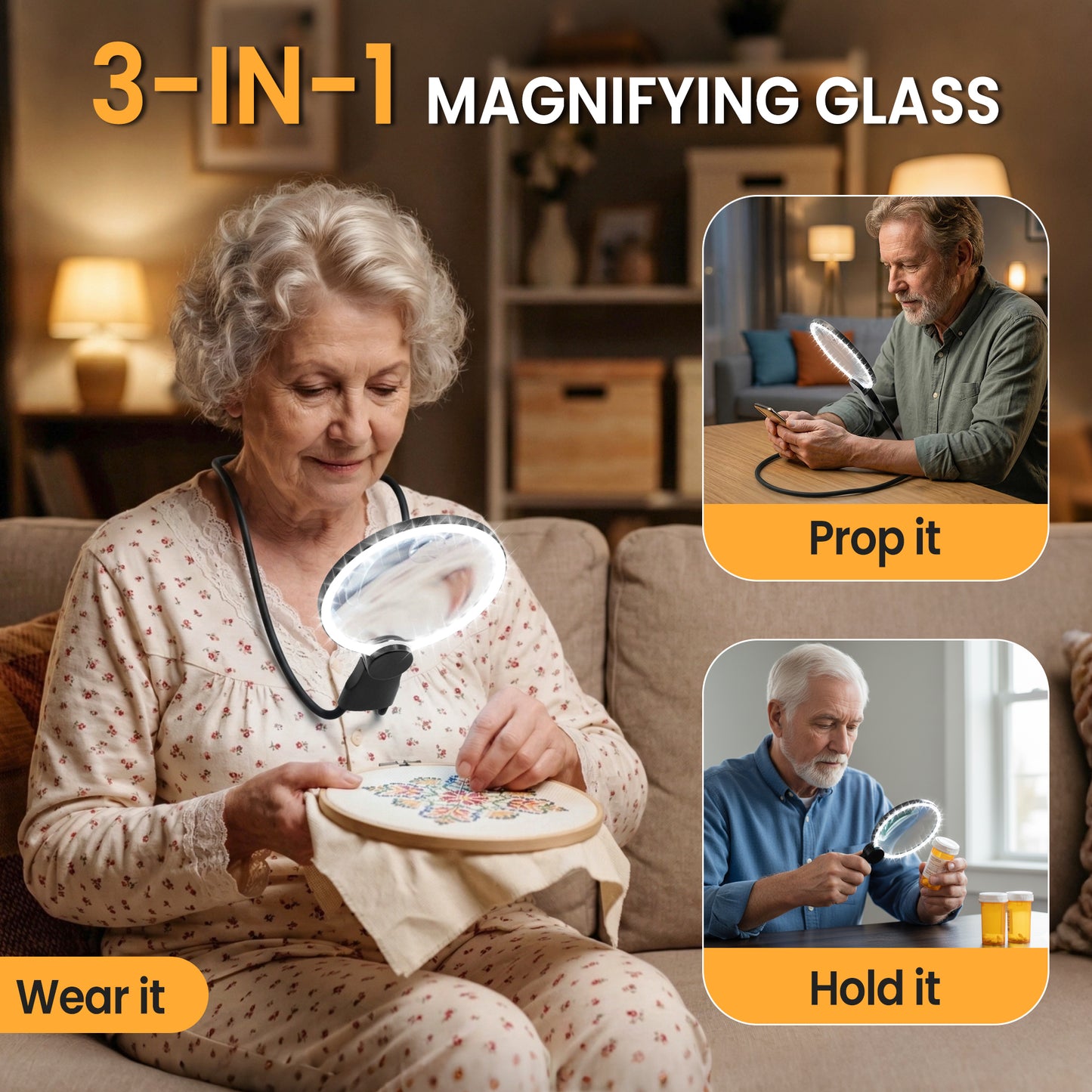 Hands Free Magnifying Glass with Light for Close Work, Reading, Sewing, Knitting, Magnifier for Seniors & Low Vision