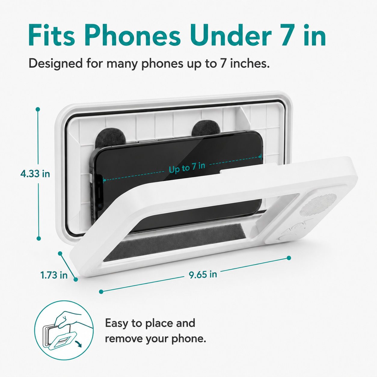 CreWear Waterproof Shower Phone Holder with Bluetooth Speaker, Bathroom Wall Mount Phone Case, IPX5 Clear Touch Window, Fits Phones Under 7 in, White