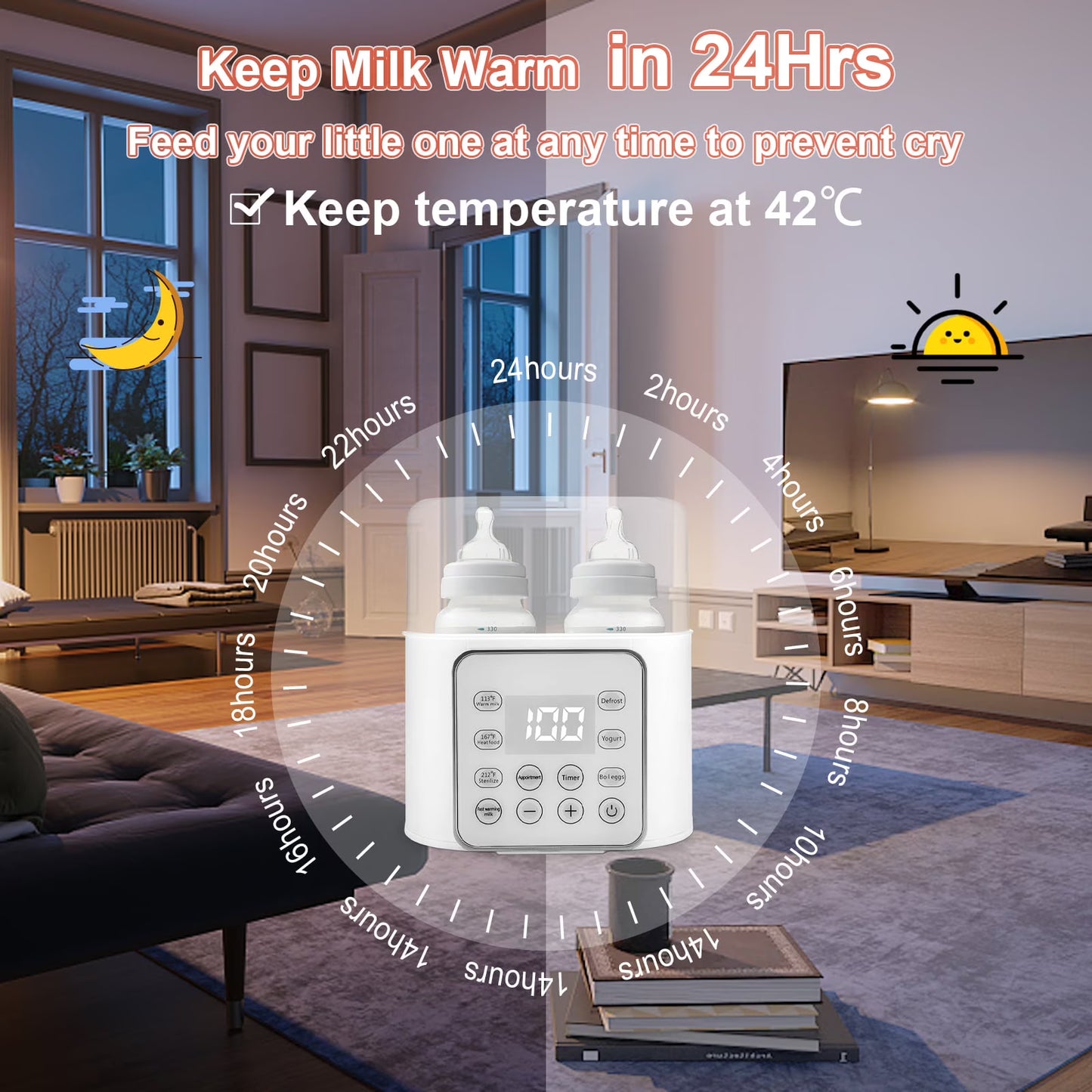 CreWear Baby Bottle Warmer, 9-in-1 Portable Bottle Warmer with LCD Display, Double Bottles Fast Milk Warmer, White