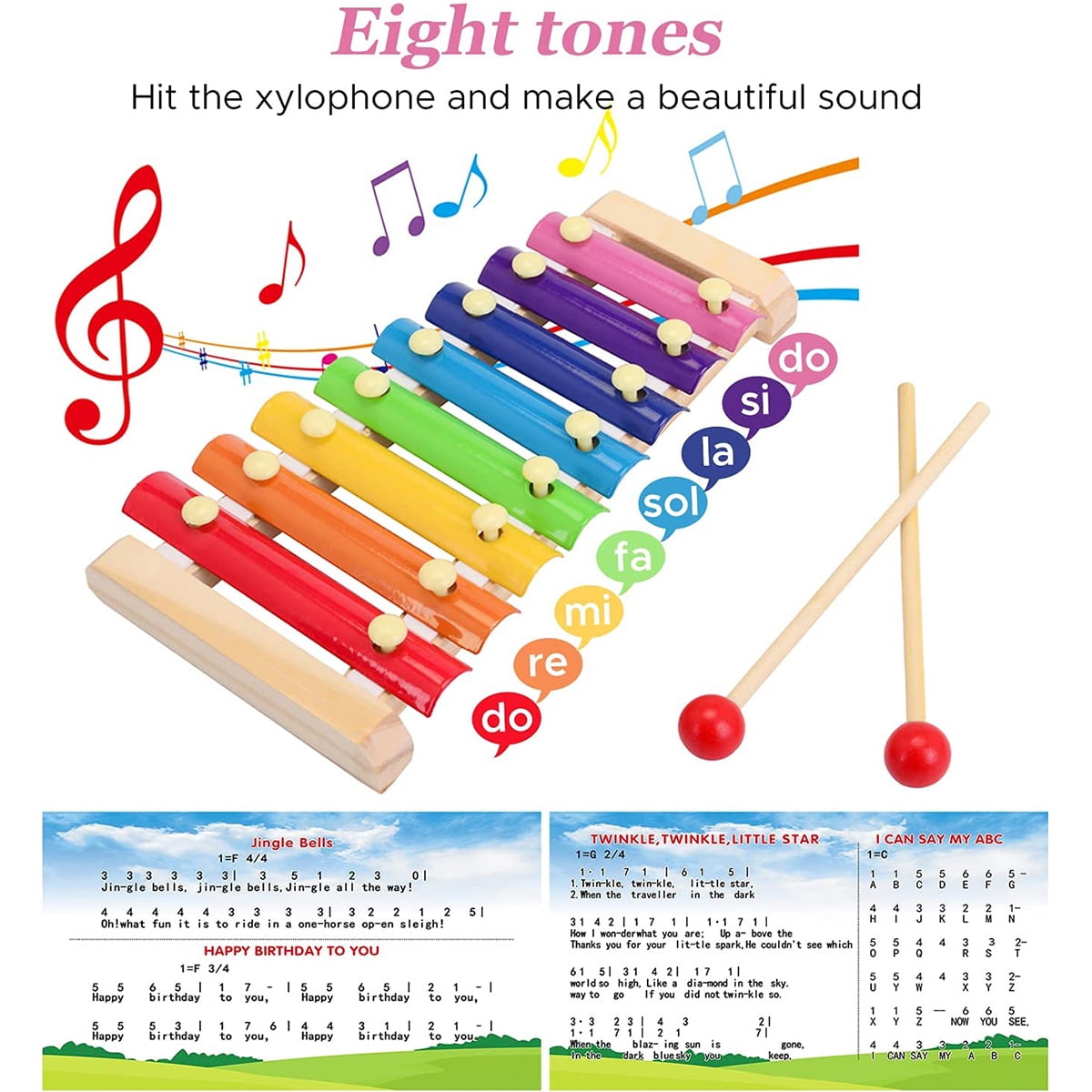 Fixdono Wooden Xylophone Children's Musical Instruments Toy, Wooden 8 Keys Hand Knock with Mallets Preschool Educational Toys, Great Gift for Kids Girls and Boys Toddlers Ages 3+