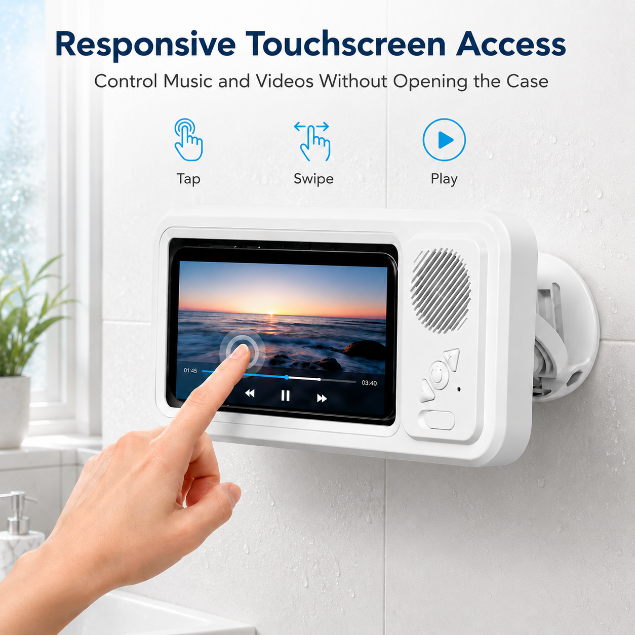 CreWear Shower Phone Holder with Speaker, Bluetooth 5.2 Waterproof Bathroom Phone Stand, White
