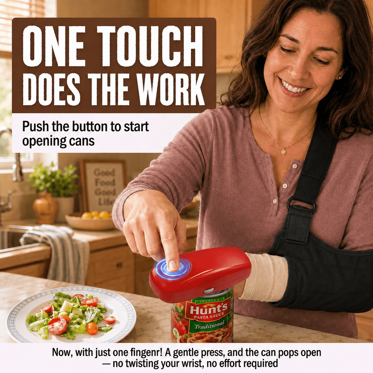 Electric Can Opener, Hands-Free, Smooth Edge, Battery Powered for All Round Cans, Red