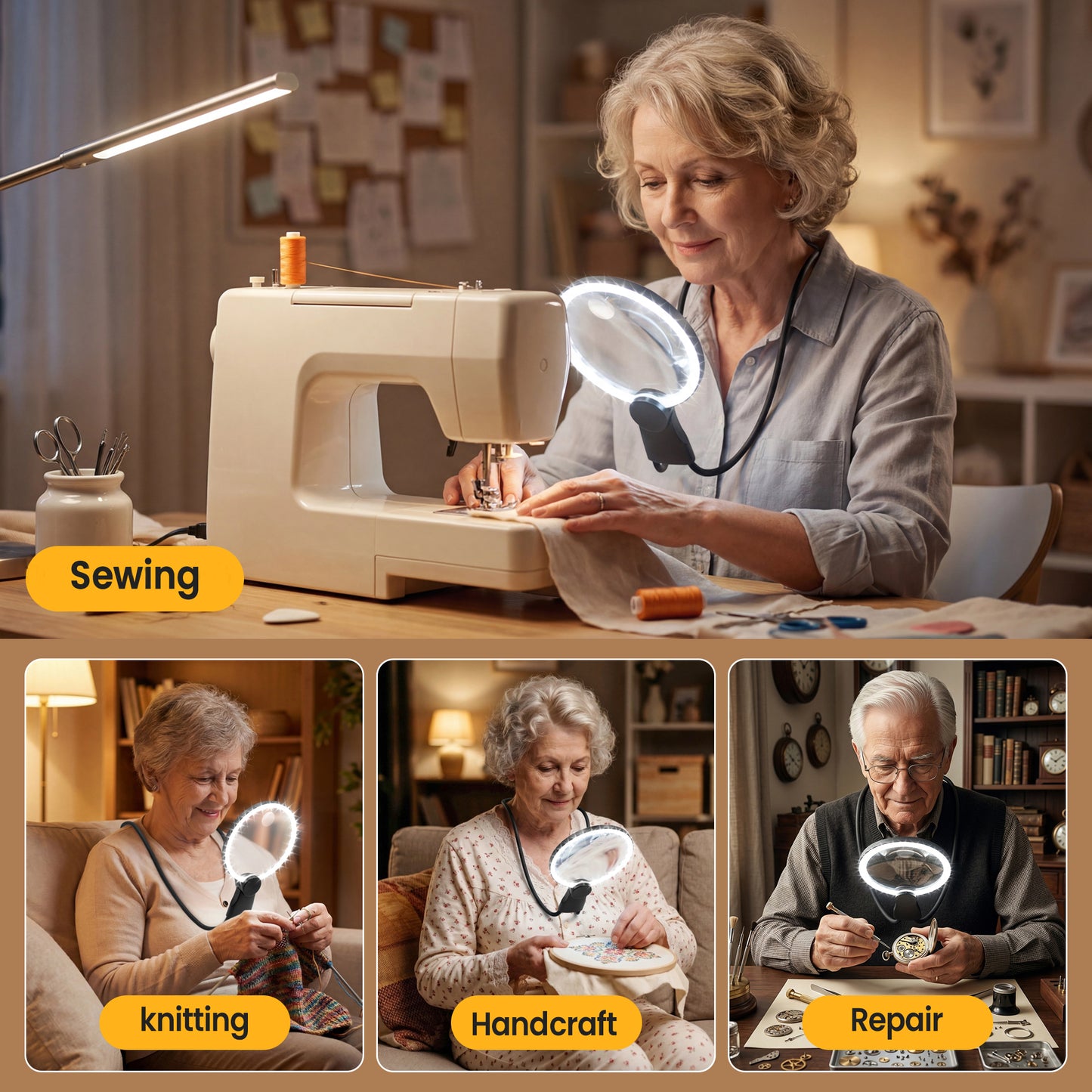 Hands Free Magnifying Glass with Light for Close Work, Reading, Sewing, Knitting, Magnifier for Seniors & Low Vision