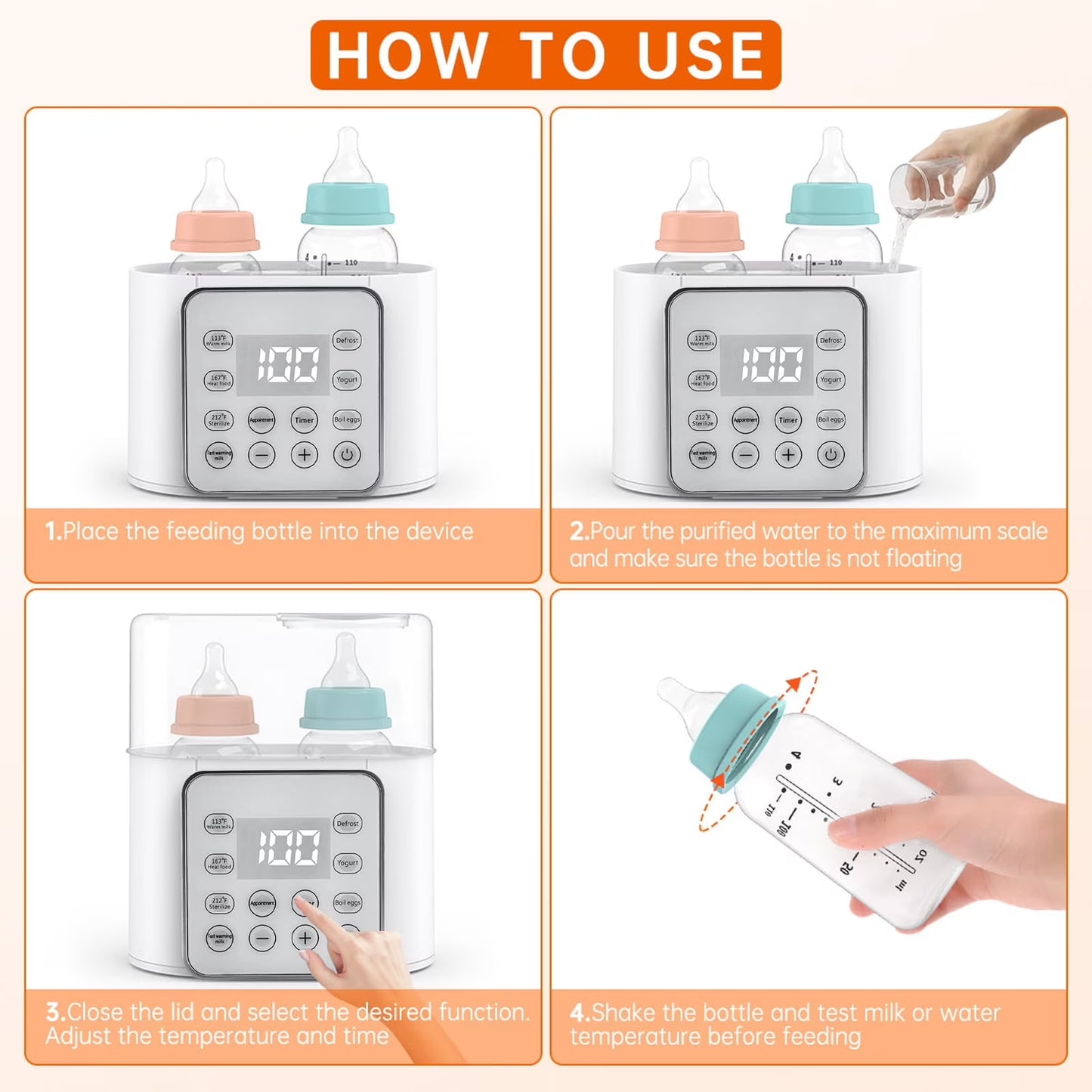 CreWear Baby Bottle Warmer, 9-in-1 Portable Bottle Warmer with LCD Display, Double Bottles Fast Milk Warmer, White