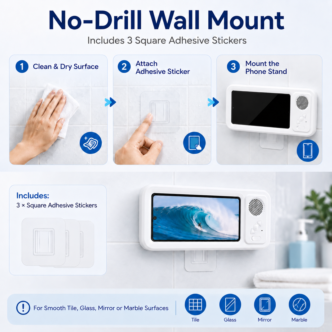 CreWear Shower Phone Holder with Speaker, Bluetooth 5.2 Waterproof Bathroom Phone Stand, White