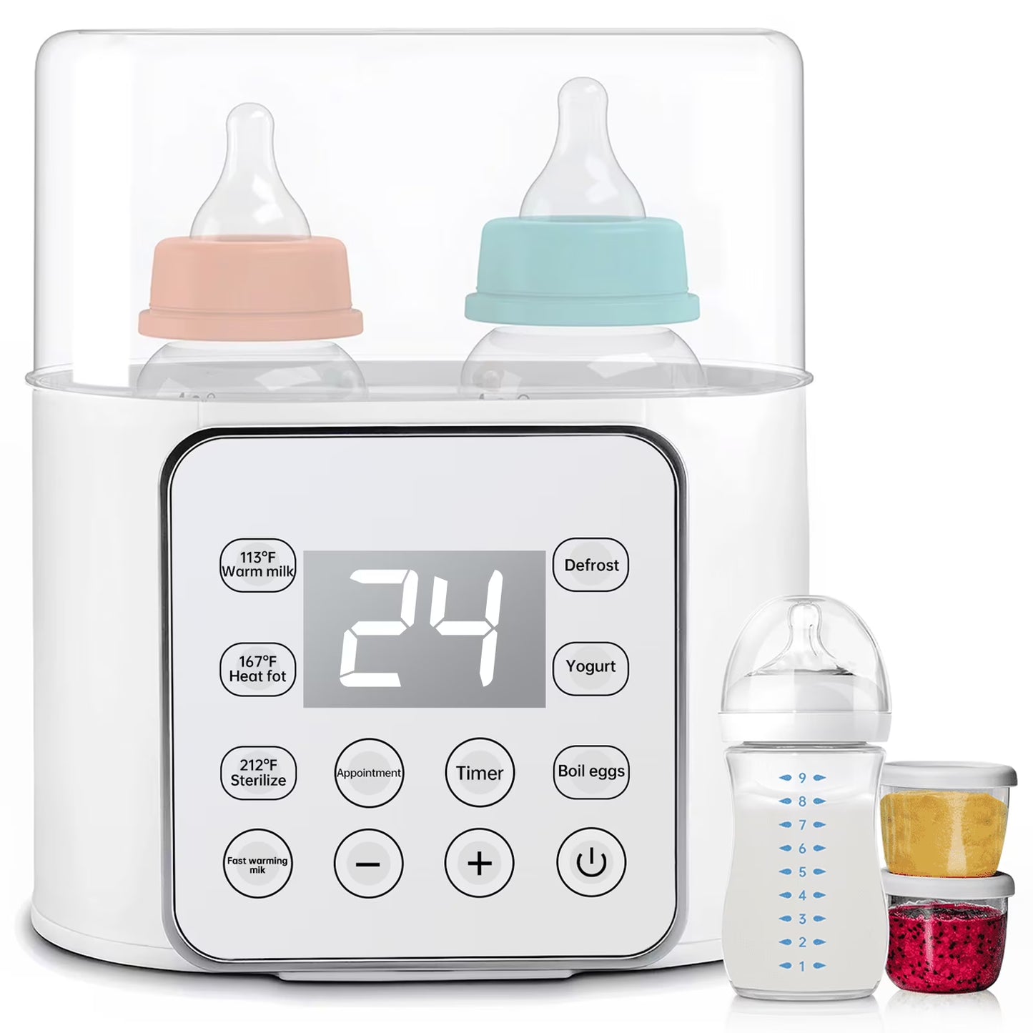 CreWear Baby Bottle Warmer, 9-in-1 Portable Bottle Warmer with LCD Display, Double Bottles Fast Milk Warmer, White
