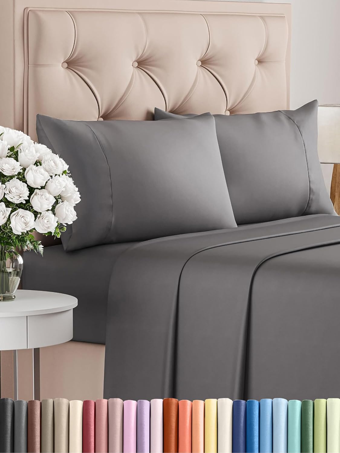 Queen Size 4 Piece Sheet Set, Soft, Warm and Wrinkle Free - Dark Grey