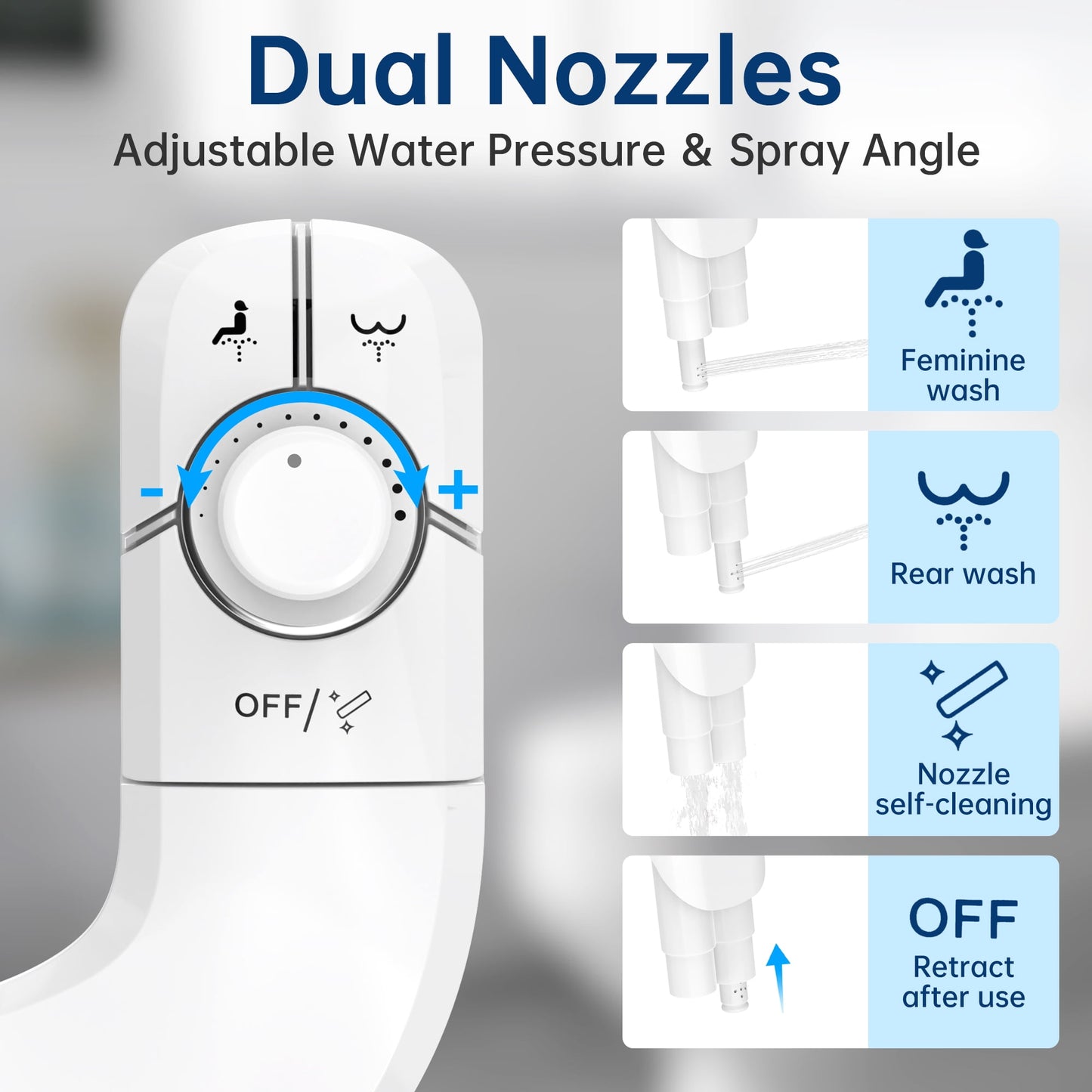 Bidet Attachment for Toilet, Self Cleaning Dual Nozzles, Adjustable Water Pressure, Feminine & Rear Wash, Non-Electric Fresh Water Bidet Toilet Seat Attachment B017
