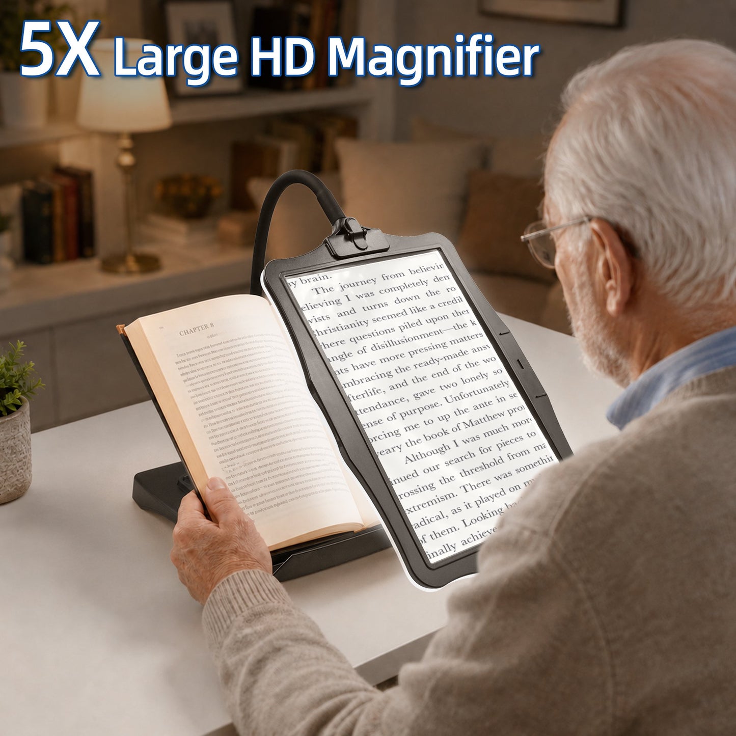Magnifying Glass with Light and Stand, Large Hands-Free Magnifying Lamp with 360° Flexible Gooseneck for Reading, Sewing, Knitting, Repairs and Crafts