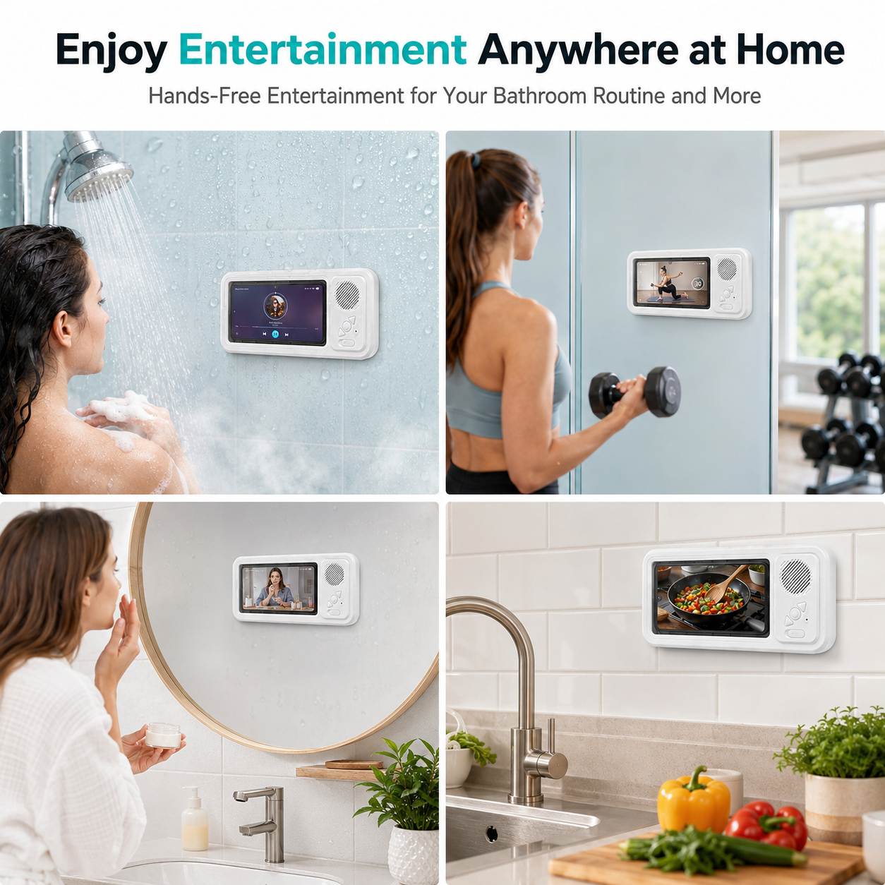 CreWear Shower Phone Holder with Speaker, Bluetooth 5.2 Waterproof Bathroom Phone Stand, White