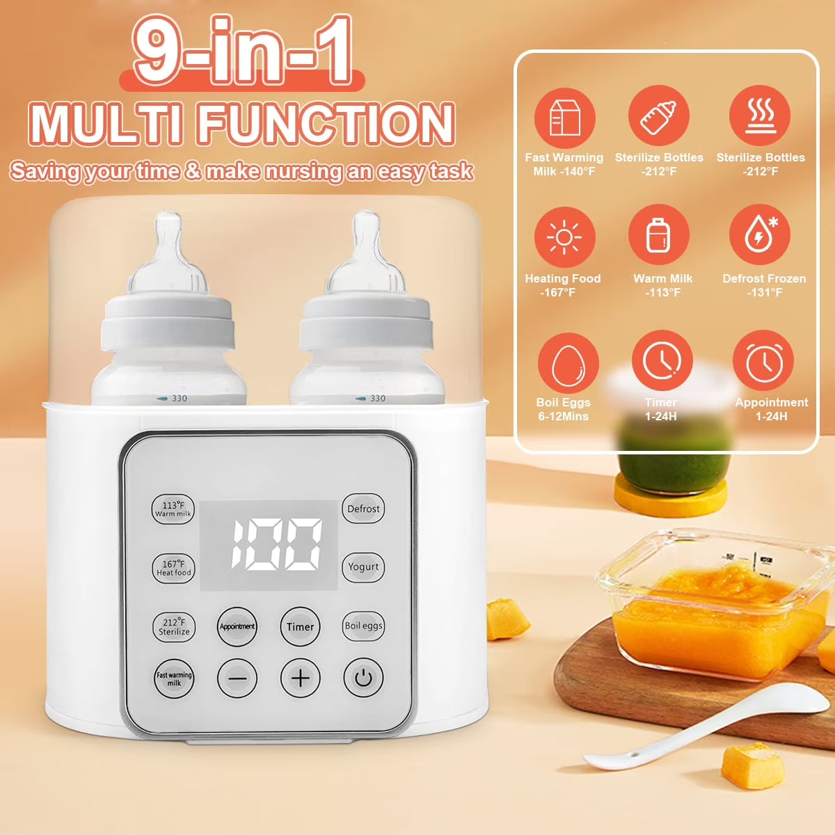 CreWear Baby Bottle Warmer, 9-in-1 Portable Bottle Warmer with LCD Display, Double Bottles Fast Milk Warmer, White