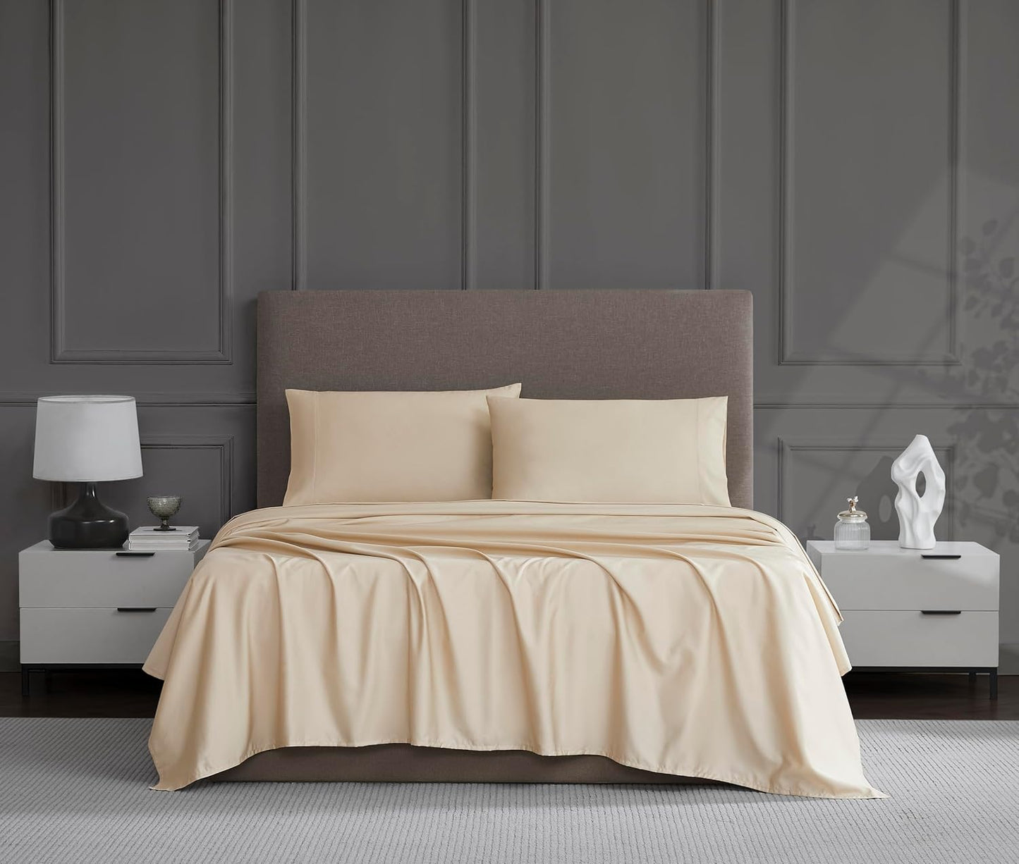 Linen Cotton 1200 Thread Count Hotel Luxury 4-Piece Sheet Set, Queen, Beige