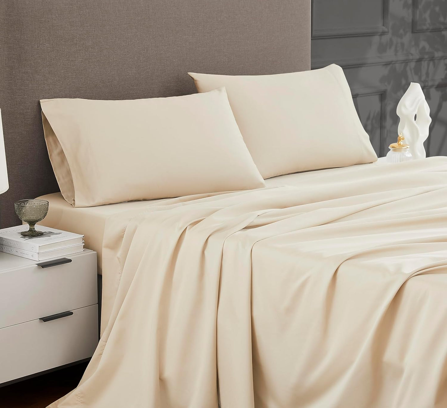 Linen Cotton 1200 Thread Count Hotel Luxury 4-Piece Sheet Set, Queen, Beige