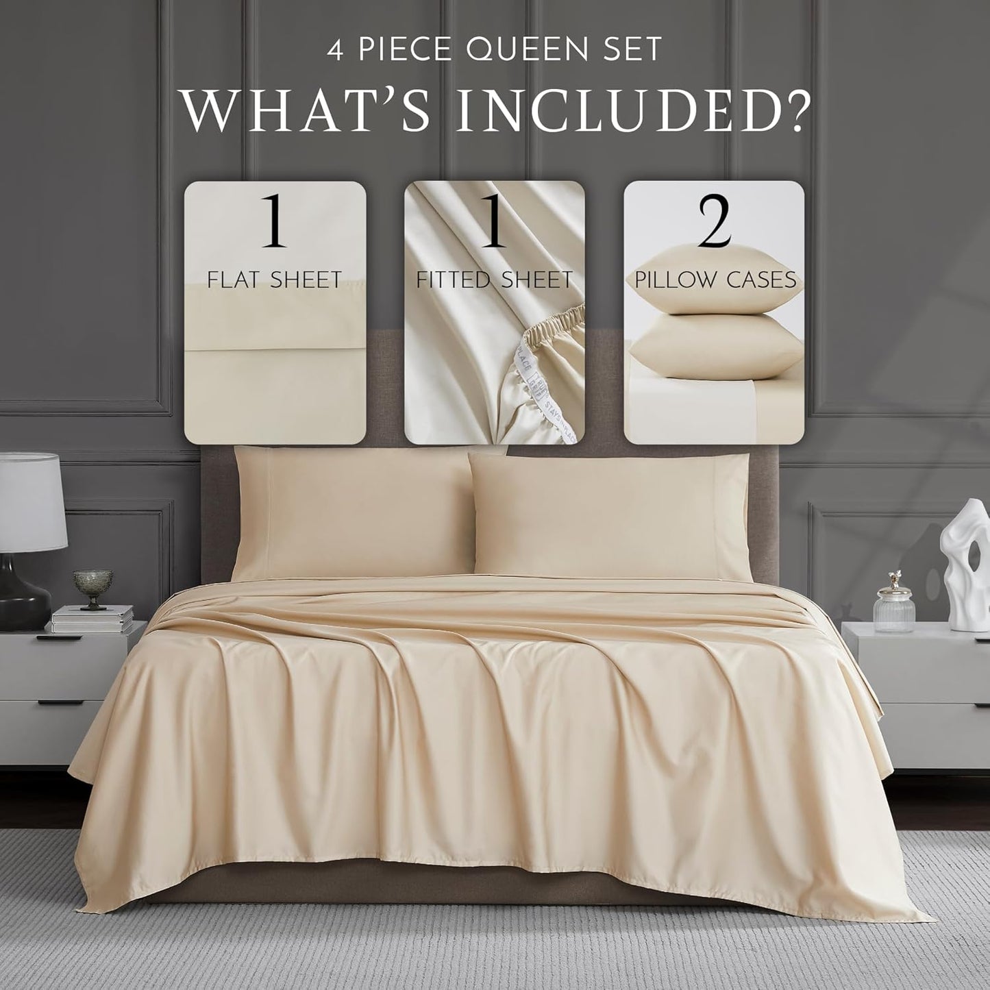 Linen Cotton 1200 Thread Count Hotel Luxury 4-Piece Sheet Set, Queen, Beige