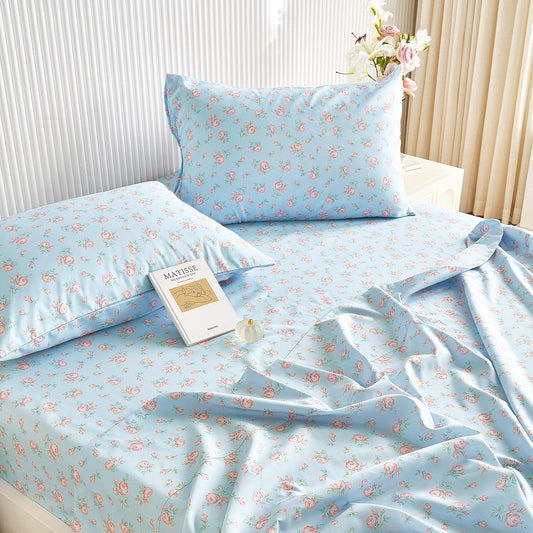 4-Piece Sheet Set, Floral Flower Rose Pattern Printed Coquette Cottagecore Vintage Aesthetic Bedding