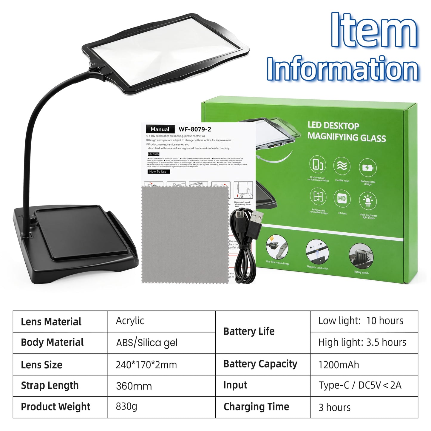 Magnifying Glass with Light and Stand, Large Hands-Free Magnifying Lamp with 360° Flexible Gooseneck for Reading, Sewing, Knitting, Repairs and Crafts