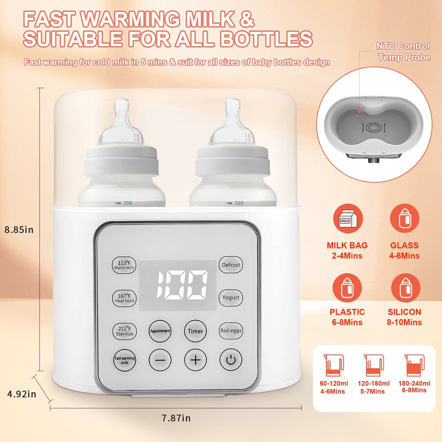 CreWear Baby Bottle Warmer, 9-in-1 Portable Bottle Warmer with LCD Display, Double Bottles Fast Milk Warmer, White