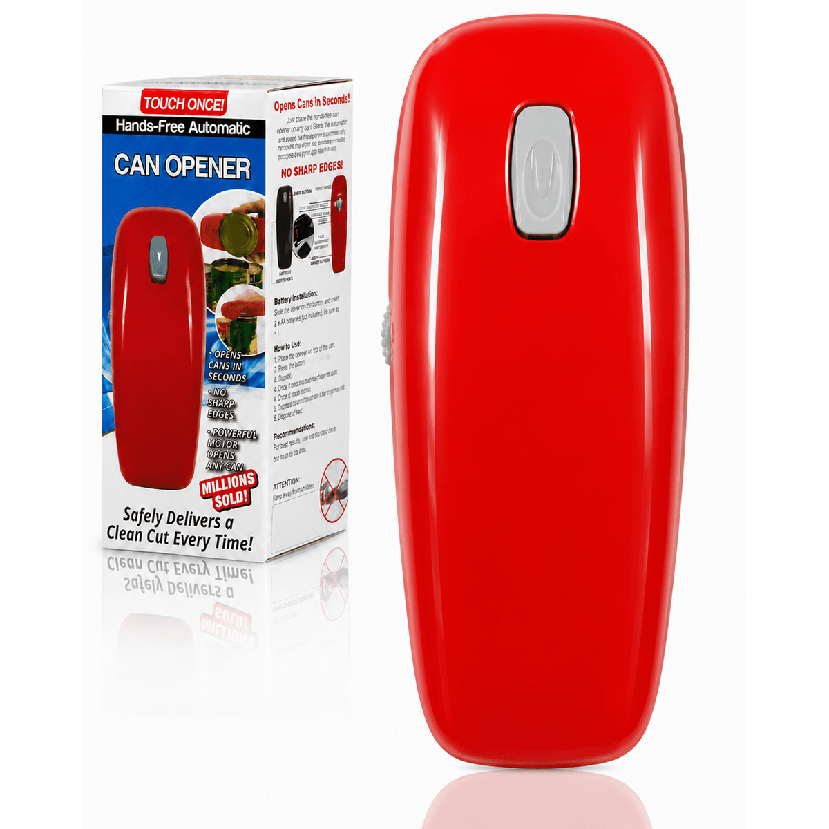 Electric Can Opener, Hands-Free, Smooth Edge, Battery Powered for All Round Cans, Red