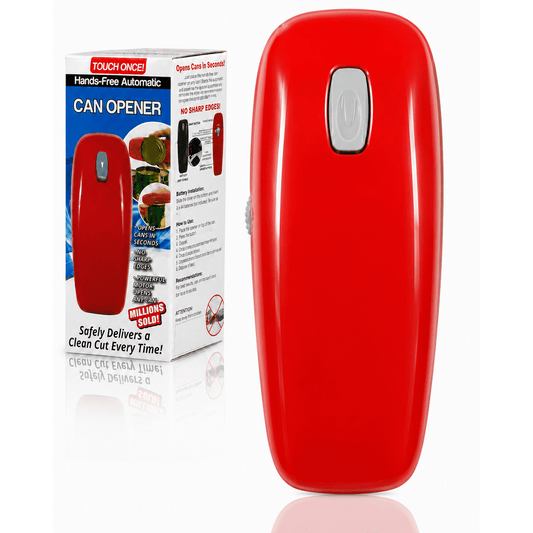 Electric Can Opener, Hands-Free, Smooth Edge, Battery Powered for All Round Cans, Red