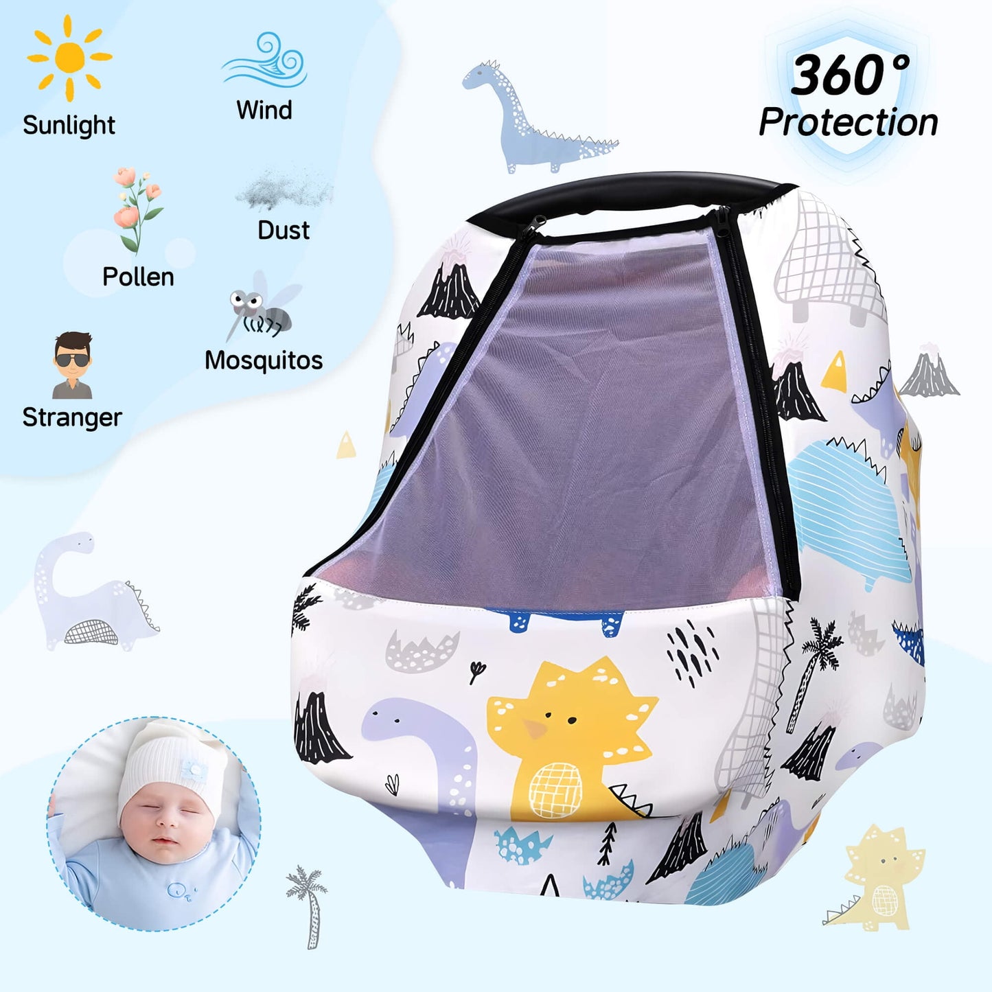 CreWear Car Seat Cover Baby with Zipper Peeping Window, Universal Fit for Boys and Girls