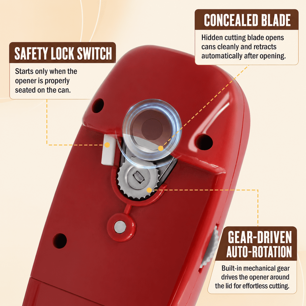 Electric Can Opener, Hands-Free, Smooth Edge, Battery Powered for All Round Cans, Red
