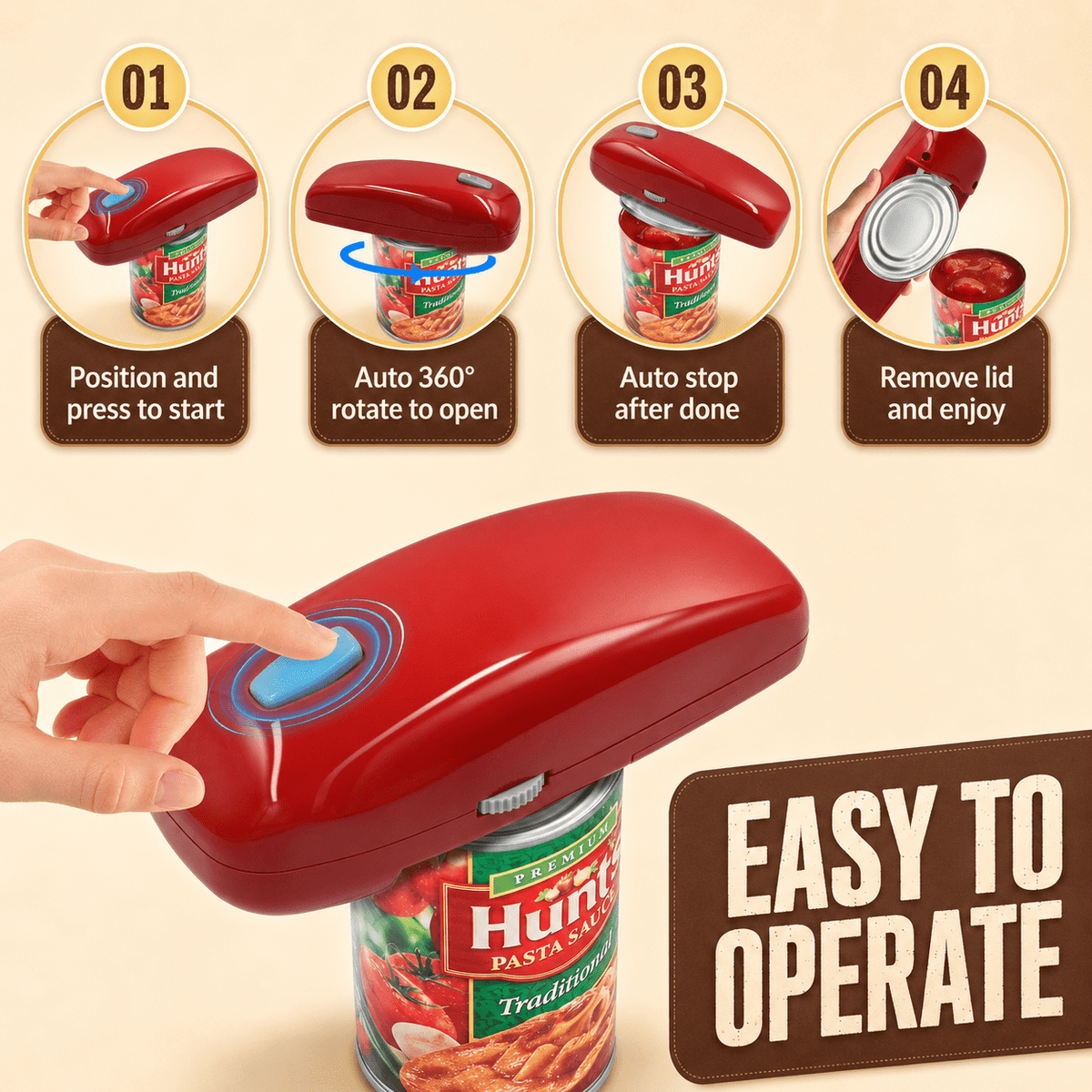 Electric Can Opener, Hands-Free, Smooth Edge, Battery Powered for All Round Cans, Red