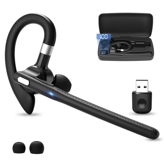 CreWear Bluetooth Headset, Wireless Bluetooth Earpiece with 500mAh Charging Case, Hand-Free Noise Canceling Headphones for Computer Trucker Office