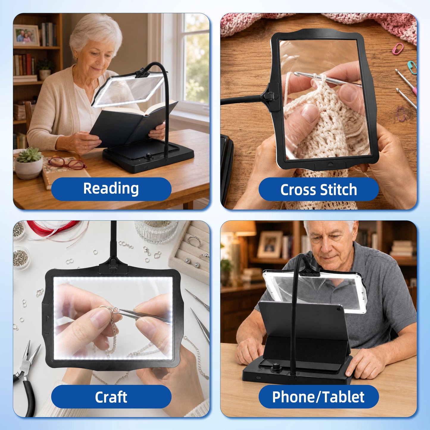 Magnifying Glass with Light and Stand, Large Hands-Free Magnifying Lamp with 360° Flexible Gooseneck for Reading, Sewing, Knitting, Repairs and Crafts