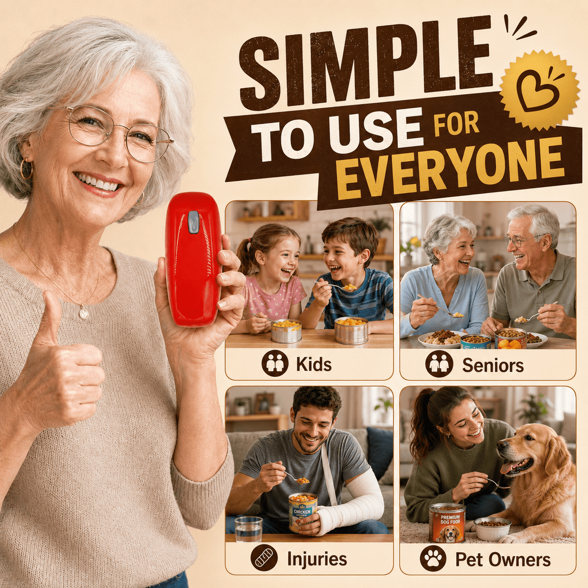 Electric Can Opener, Hands-Free, Smooth Edge, Battery Powered for All Round Cans, Red