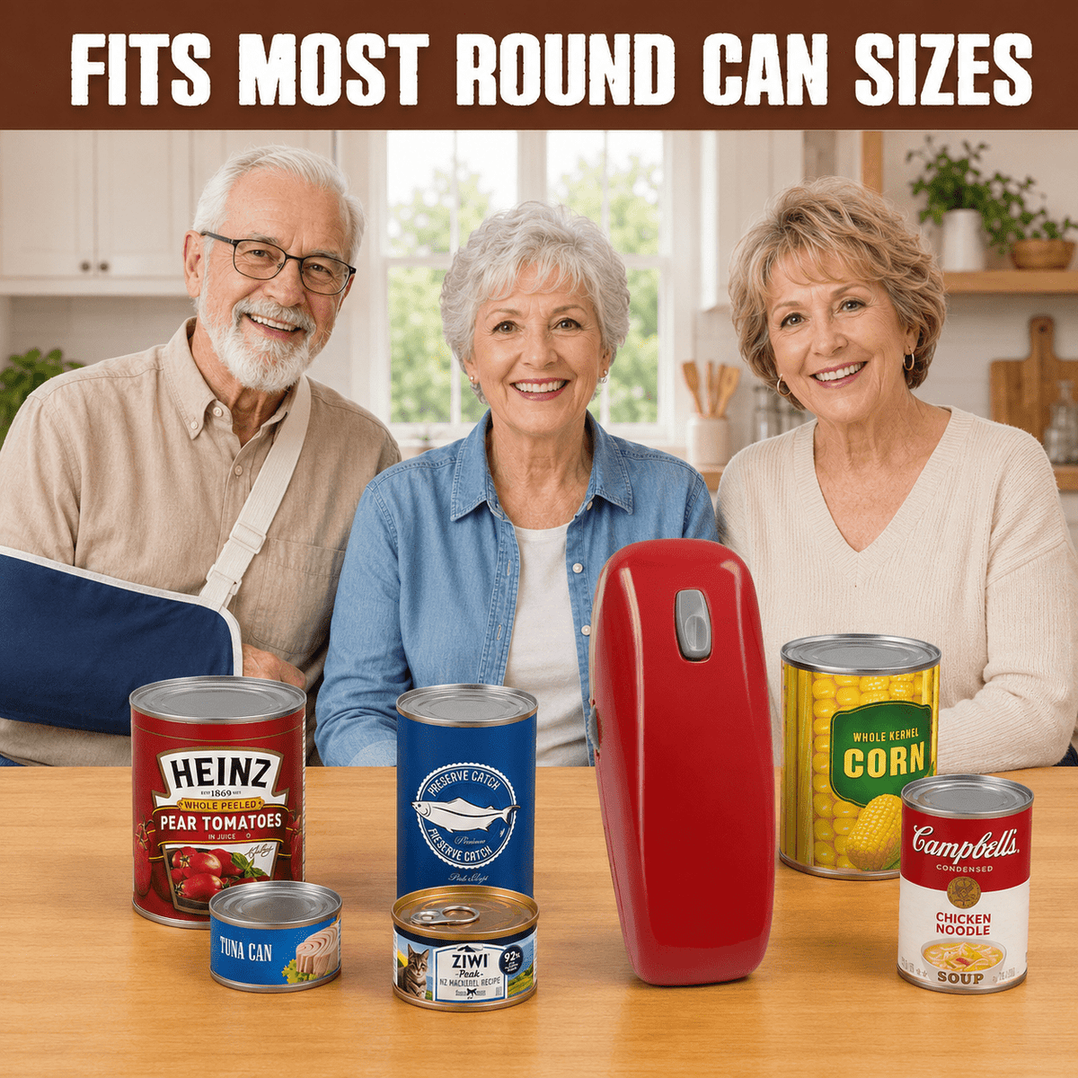 Electric Can Opener, Hands-Free, Smooth Edge, Battery Powered for All Round Cans, Red